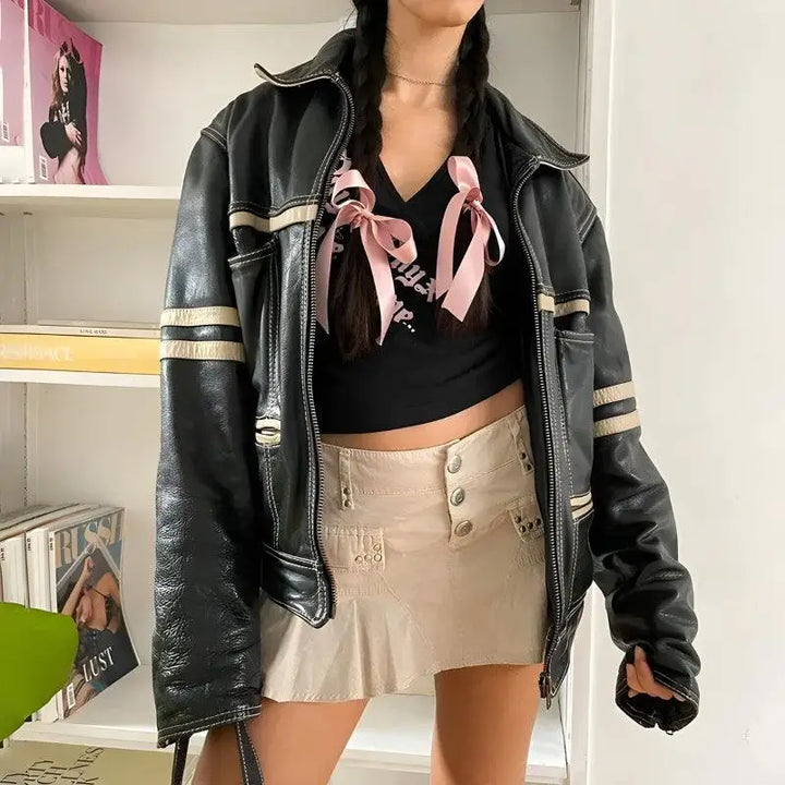 Vintage grunge faux leather jacket with striped design and pockets