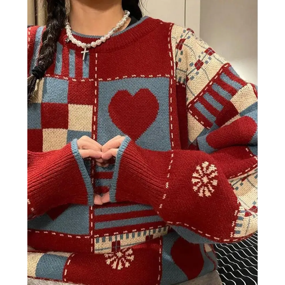 Vintage y2k sweater with heart and figure patterns in crew neck style - red / s