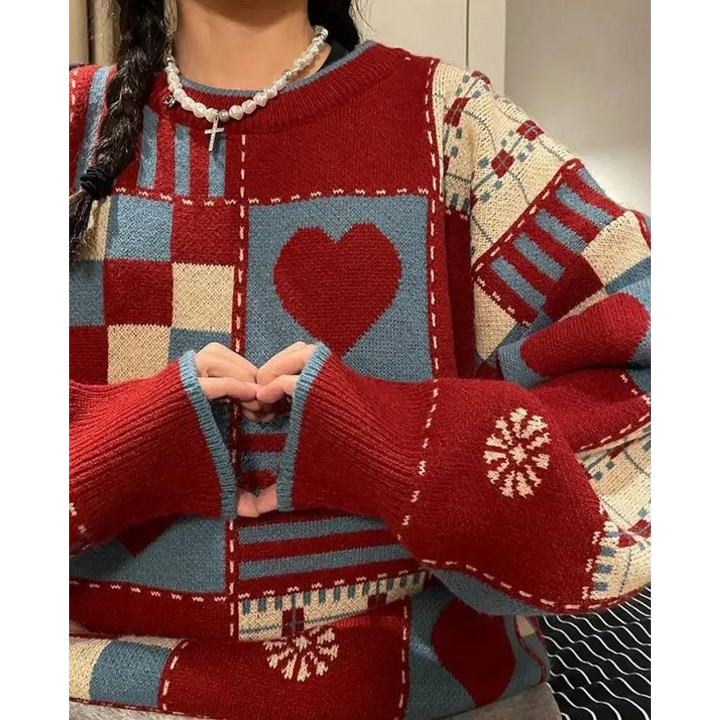 Vintage y2k sweater with heart and figure patterns in crew neck style - red / s