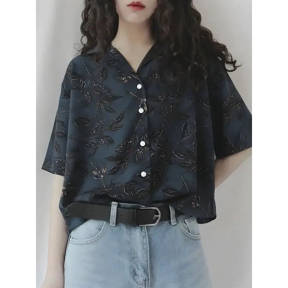 Vintage leaf designed shirt - dark blue / s