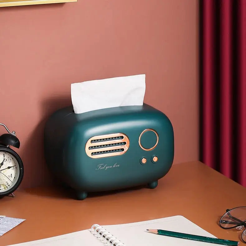 Vintage radio tissue box for unique desk decor and style - green