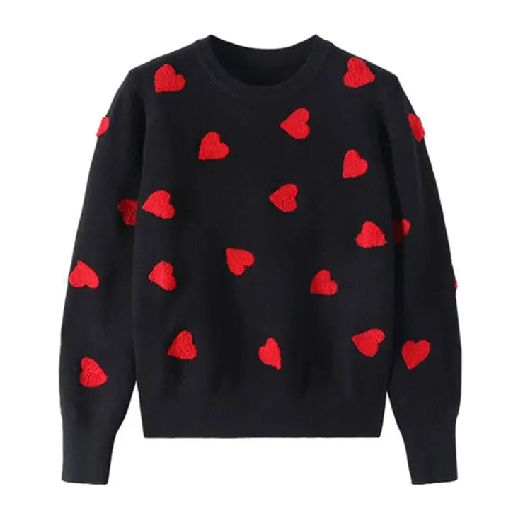 Y2k heart print knit sweater with crew neck and ribbed trim - s / black - sweaters