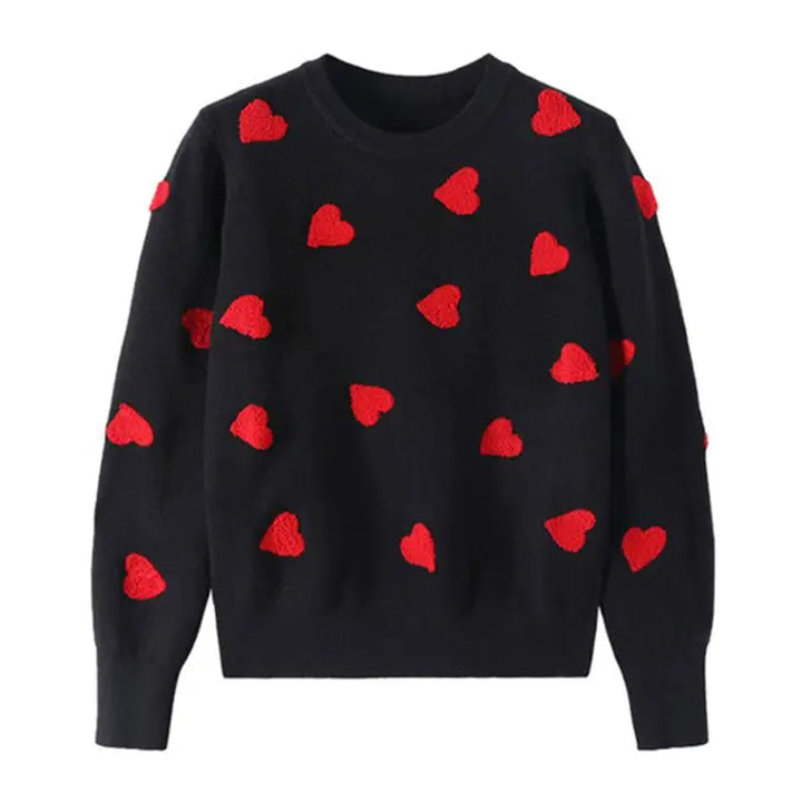 Y2k heart print knit sweater with crew neck and ribbed trim - s / black - sweaters