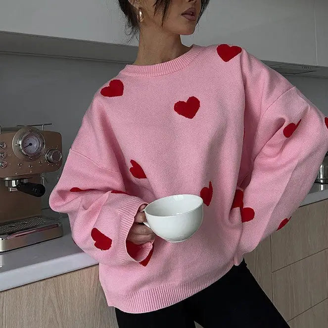 Y2k heart print knit sweater with crew neck and ribbed trim - s / pink - sweaters