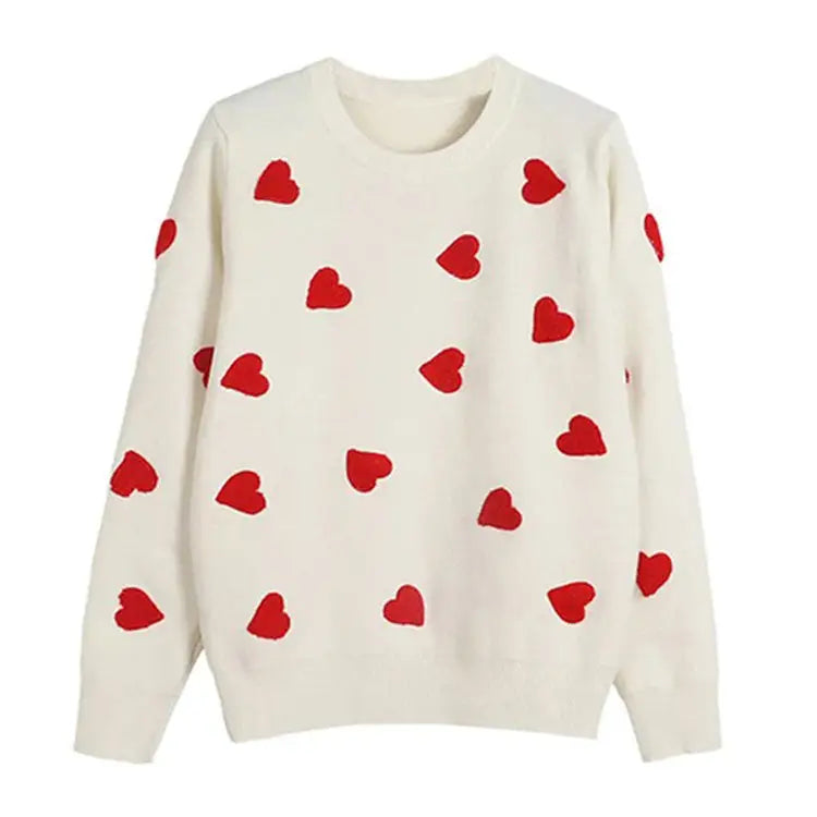 Y2k heart print knit sweater with crew neck and ribbed trim - s / white - sweaters