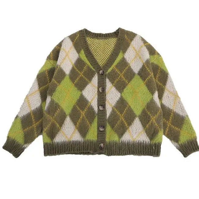 Vintage-inspired oversized green argyle cardigan for y2k style - m