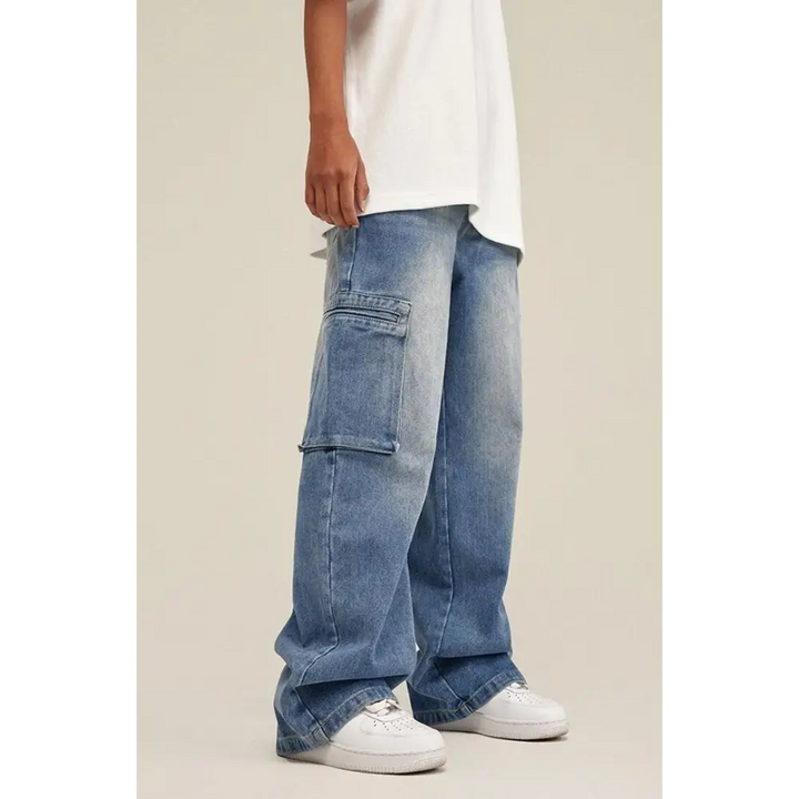 Light wash denim cargo jeans for a relaxed style