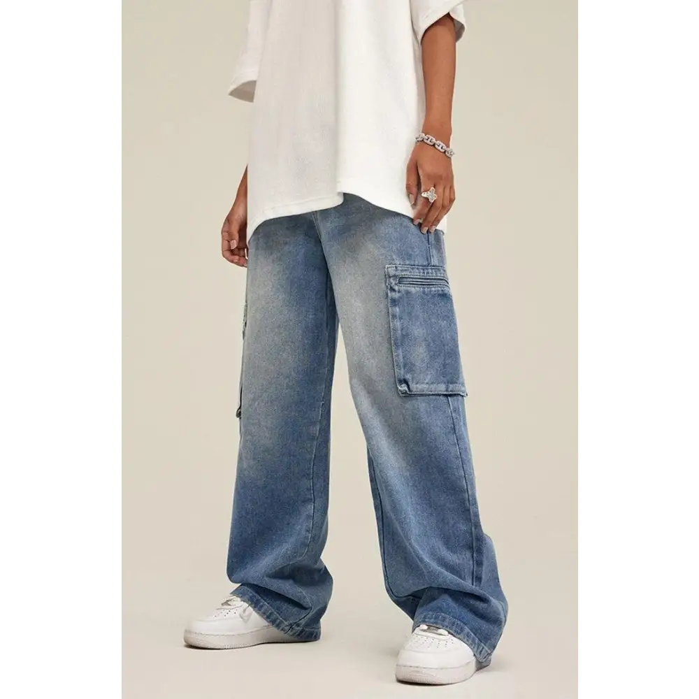 Light wash denim cargo jeans for a relaxed style