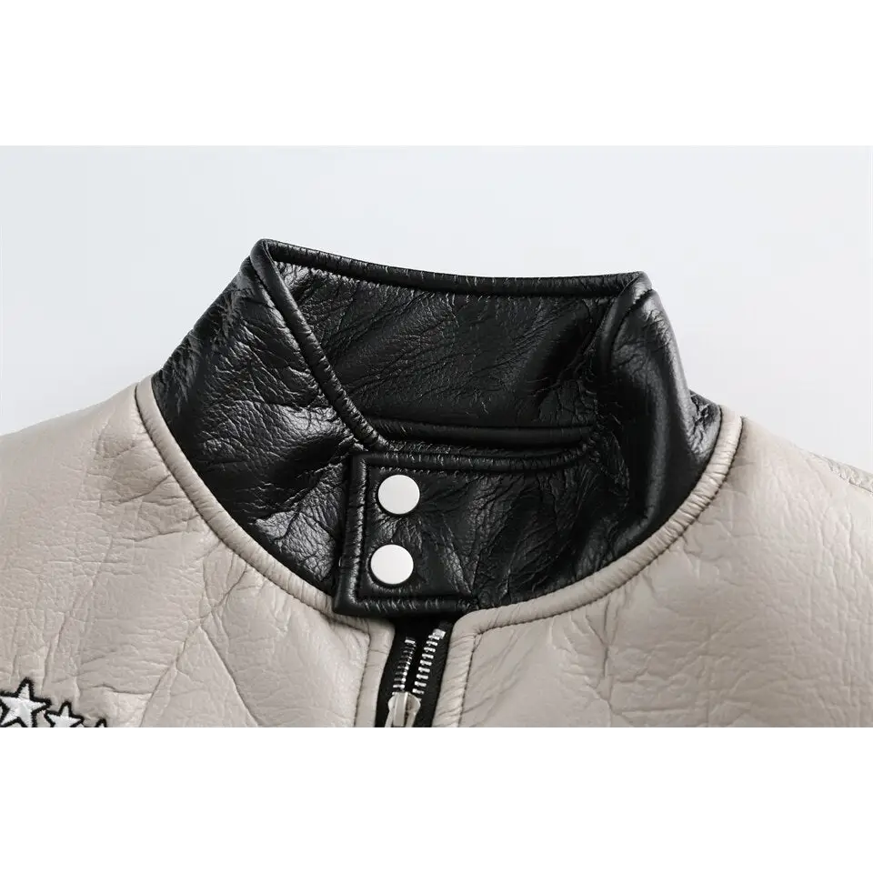 Waterproof color block leather varsity jacket y2k - jackets