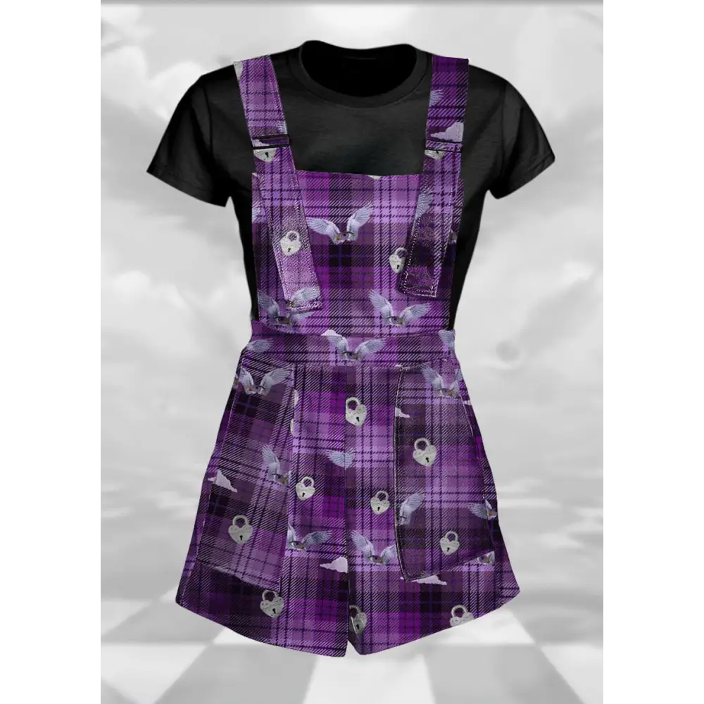 Purple plaid overalls for eccentric weirdcore grunge fashion