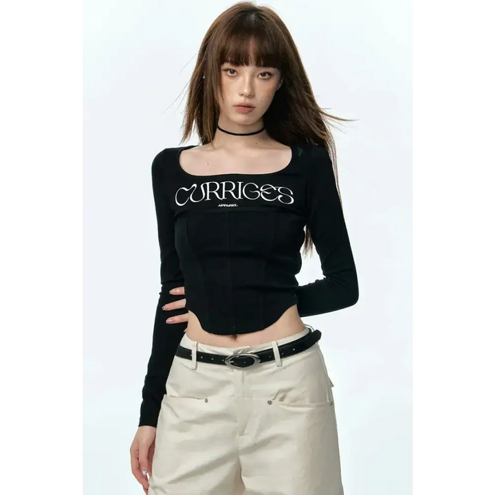 Wide neck corset crop top - black / s