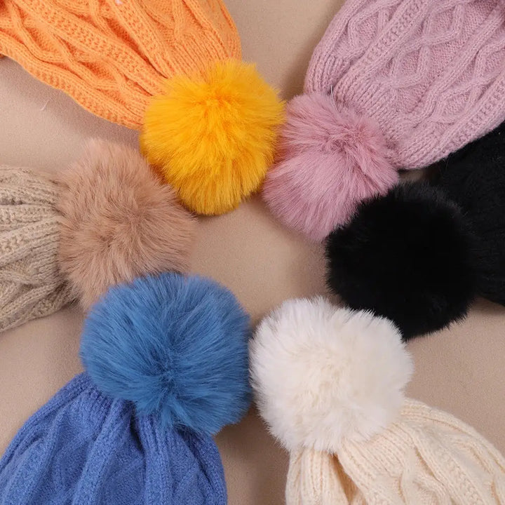 Winter thick fur ball knitted beanie y2k - beanies