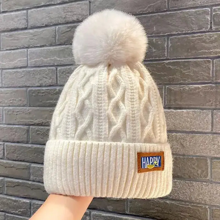 Winter thick fur ball knitted beanie y2k - beige - beanies