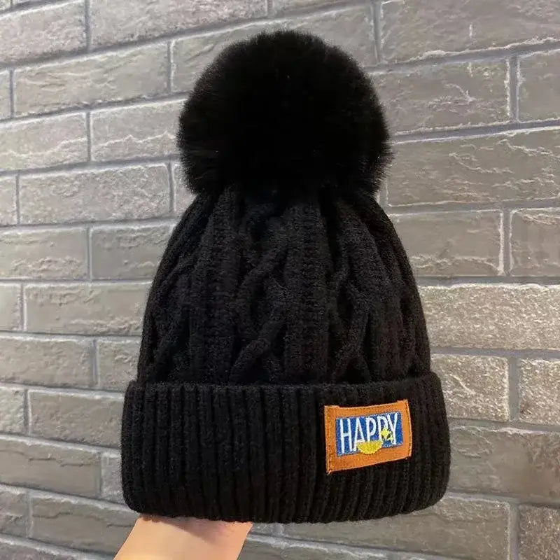 Winter thick fur ball knitted beanie y2k - black - beanies
