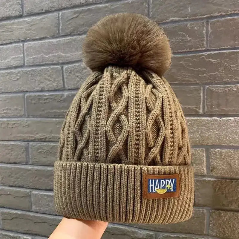 Winter thick fur ball knitted beanie y2k - coffee - beanies