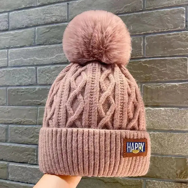Winter thick fur ball knitted beanie y2k - pink - beanies