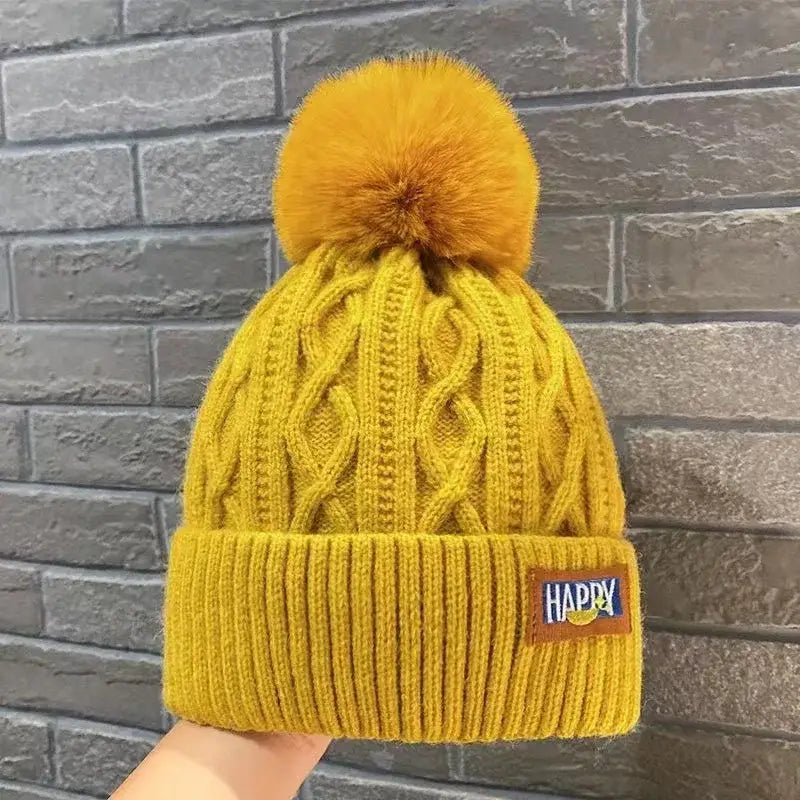 Winter thick fur ball knitted beanie y2k - yellow - beanies