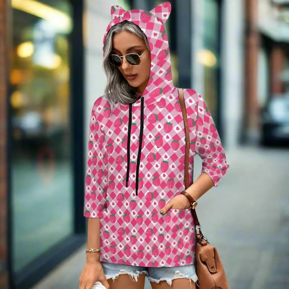 Womens 3/4-sleeve kawaii hoodie - pink / s