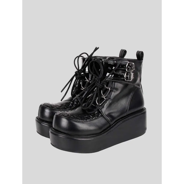 Black platform creeper boots with lace-up design and textured sole - us3