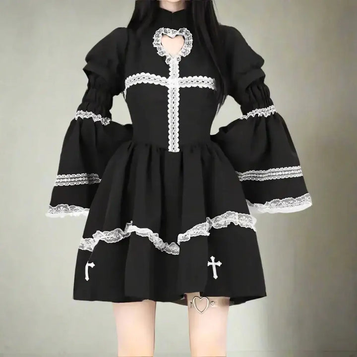 Y2k gothic flare sleeve full zip jacket in patchwork cotton - black / s