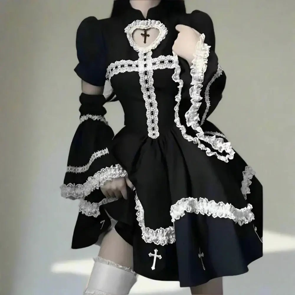 Women’s harajuku gothic kawaii dress - hollow out lace trim aesthetic cosplay