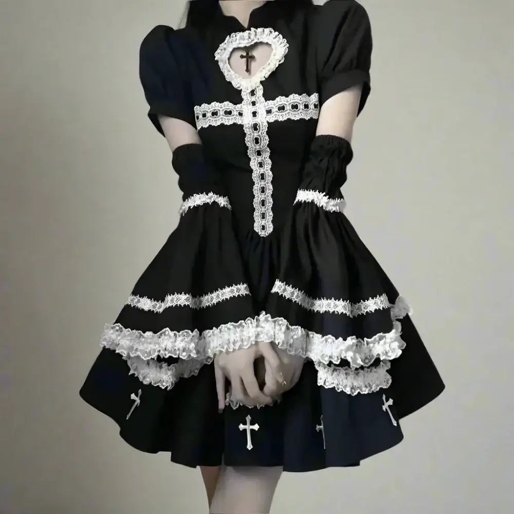 Women’s harajuku gothic kawaii dress - hollow out lace trim aesthetic cosplay