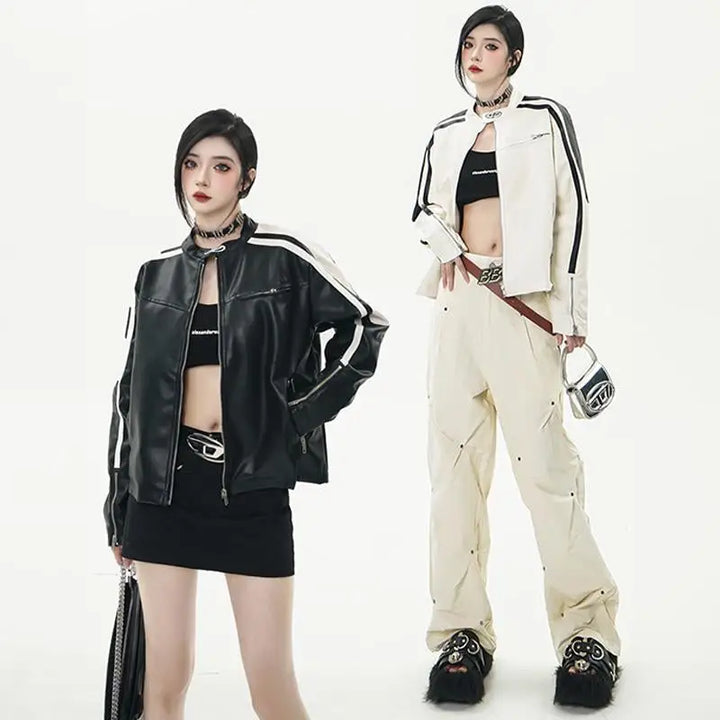 Women’s leather crop racing jacket y2k - jackets