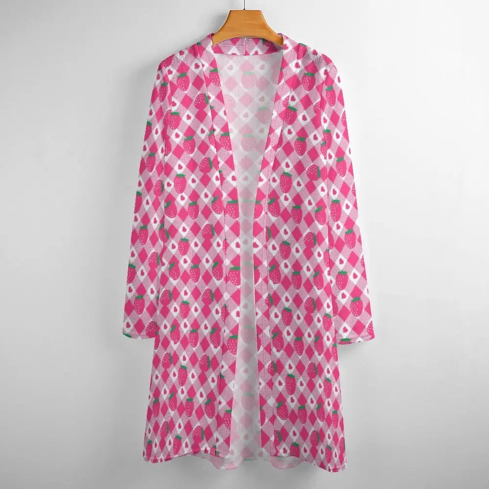 Womens mid-length pink strawberry cardigan