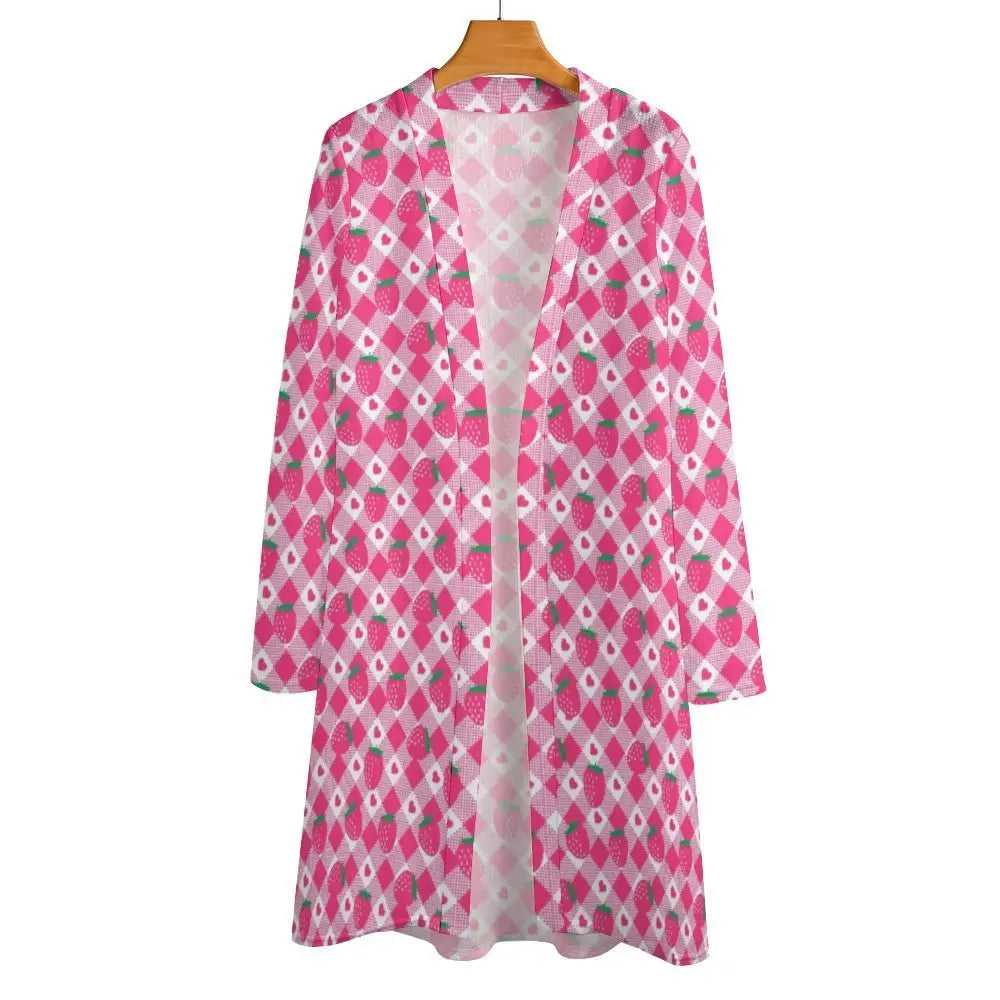 Womens mid-length pink strawberry cardigan