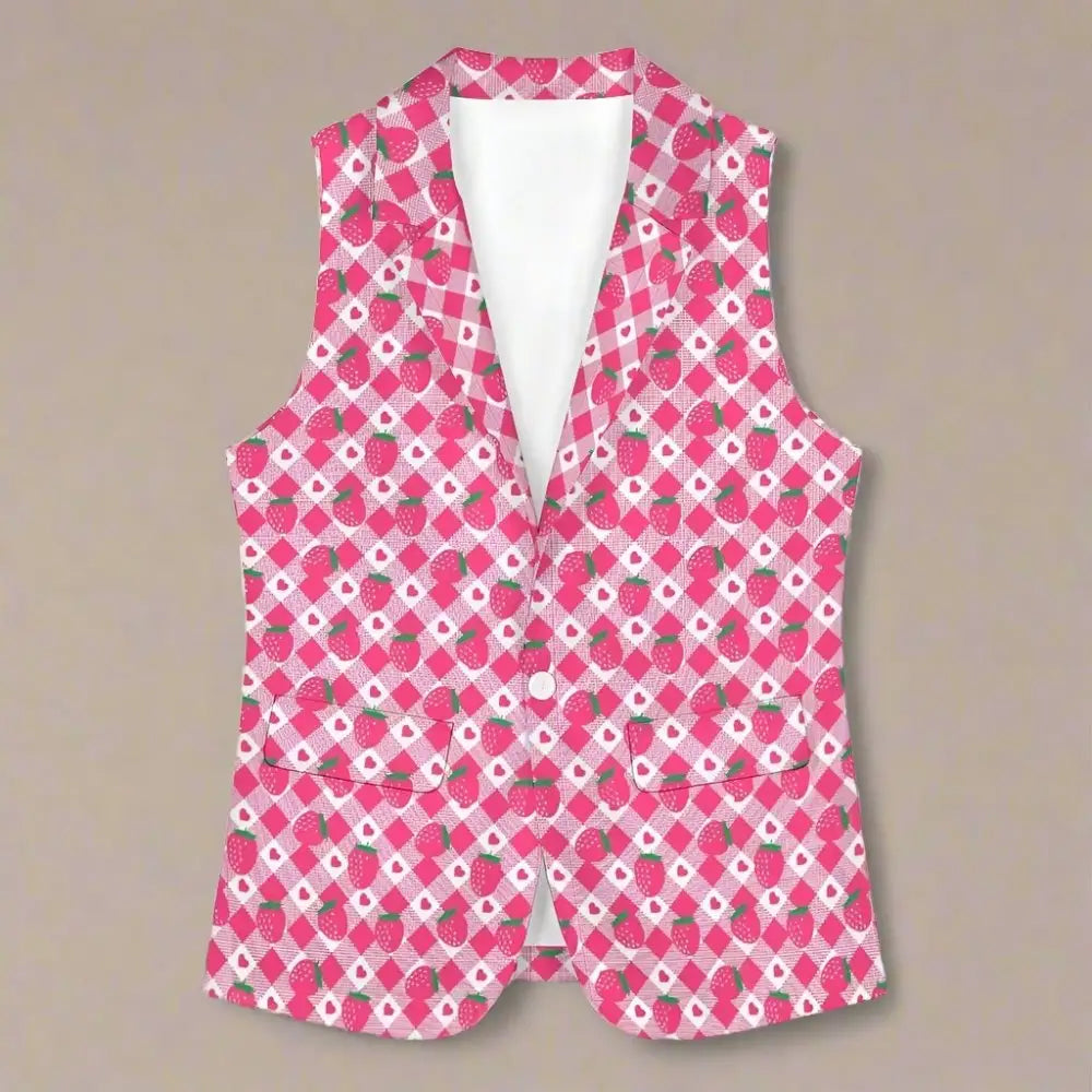 Womens pink strawberry sleeveless blazer vest - s