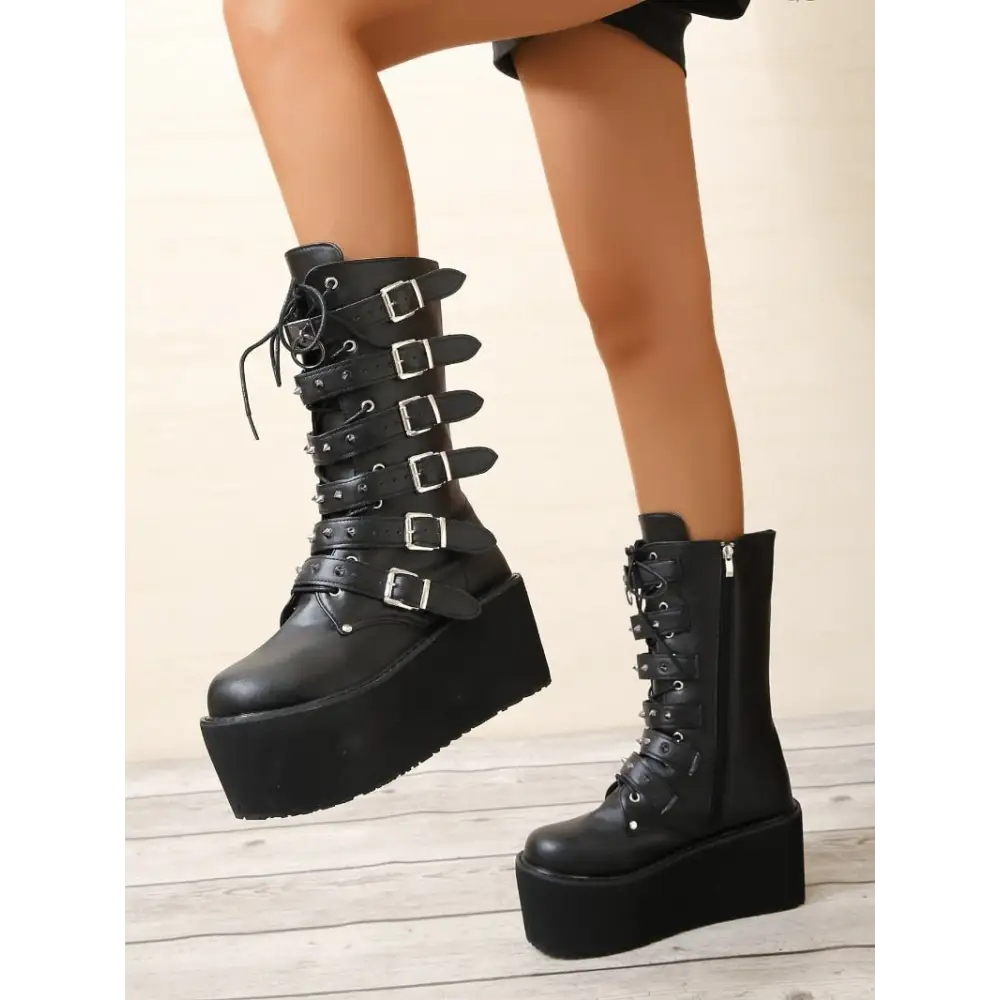 Women’s punk black knee high boots - fashion