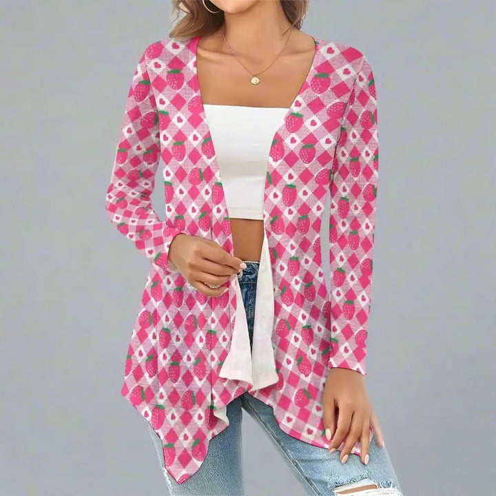 Womens strawberry pattern knitted cardigan - pink / s