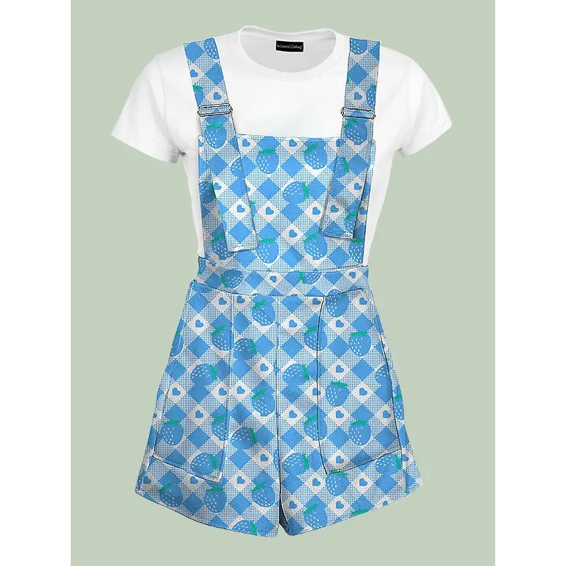 Womens strawberry plaid shortalls - xs / blue