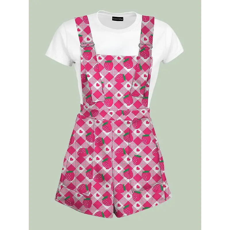 Womens strawberry plaid shortalls - xs / pink