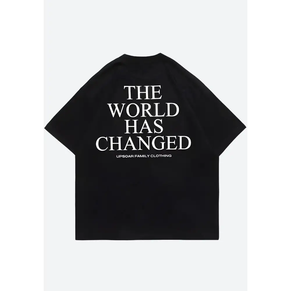 Changed graphic tee with bold world and flame print design