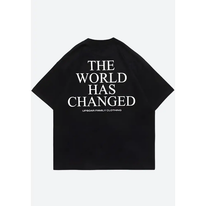 Changed graphic tee with bold world and flame print design