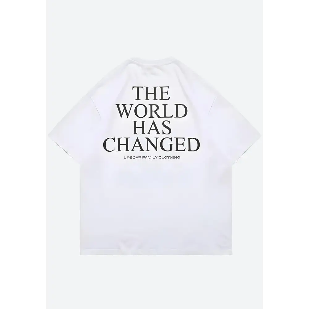 Changed graphic tee with bold world and flame print design