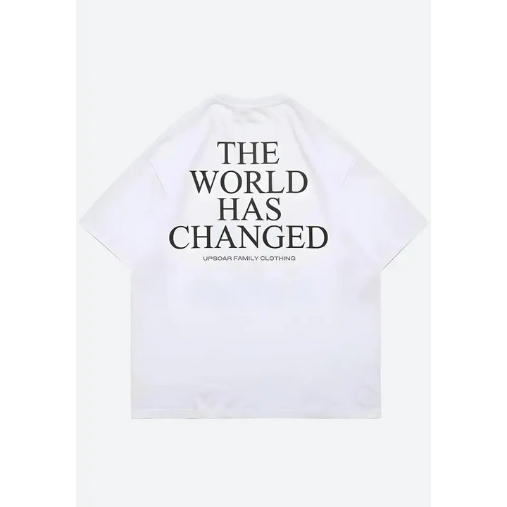 Changed graphic tee with bold world and flame print design