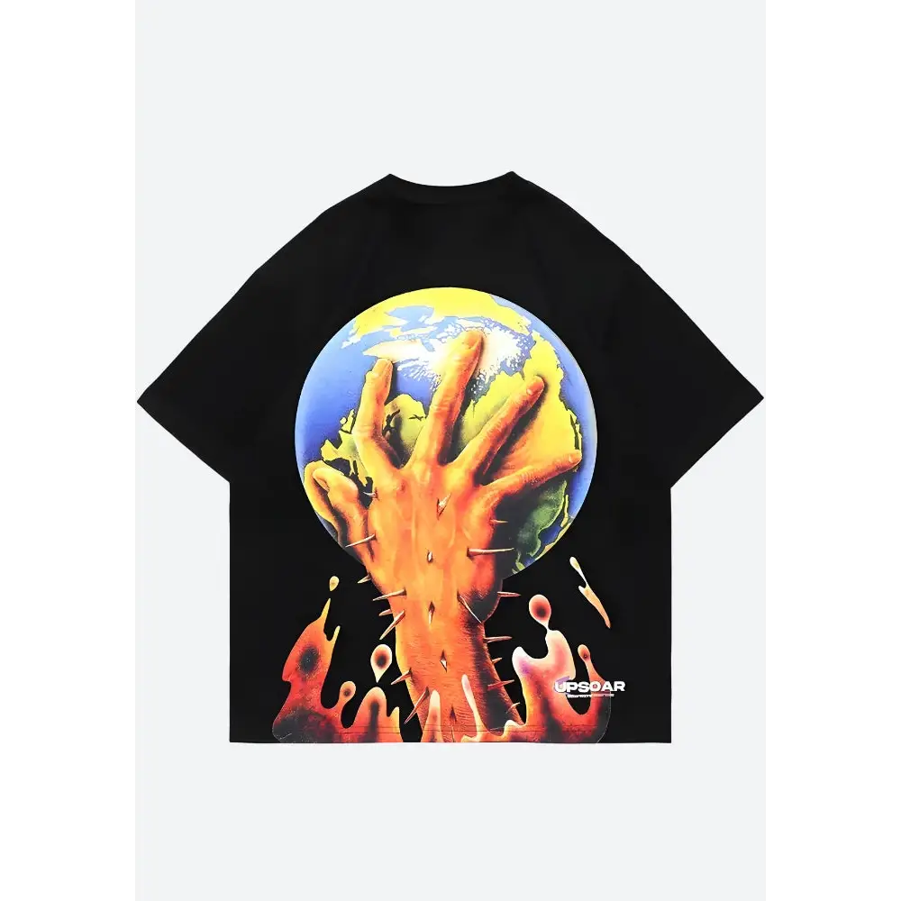 Changed graphic tee with bold world and flame print design - black / s