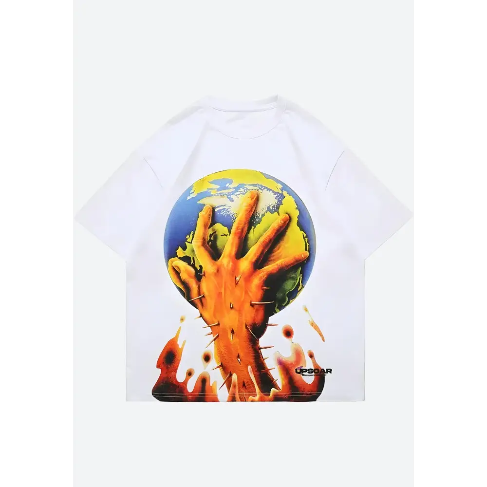 Changed graphic tee with bold world and flame print design - white / s