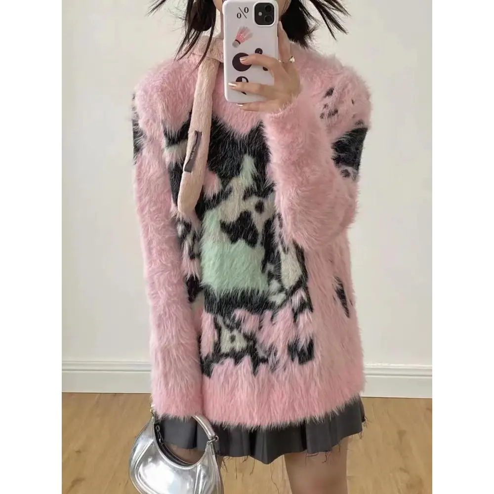 Y2k aesthetic fuzzy sweater in youthful pink for effortless cozy style