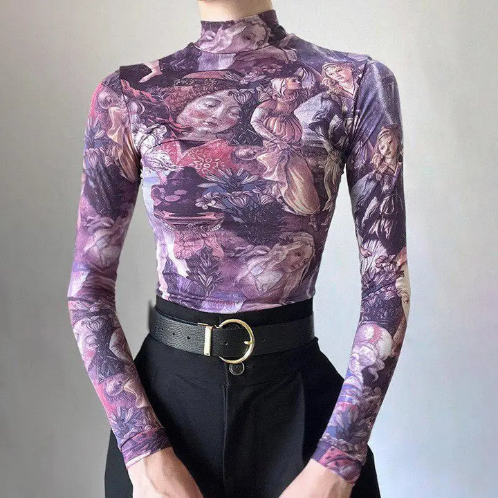 Slim-fit mesh top with antique angel print in y2k aesthetic style - purple / s