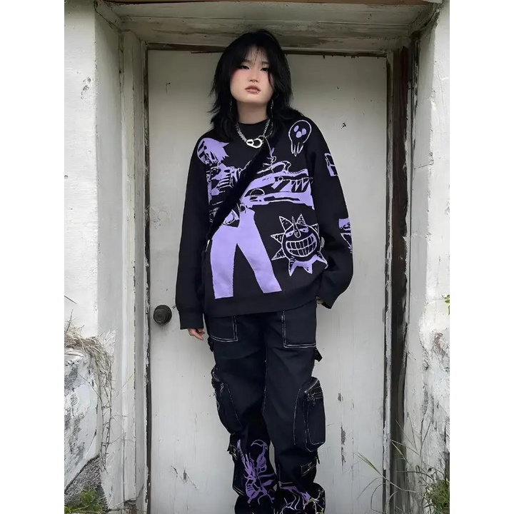 Y2k anime graphic sweater in vibrant purple