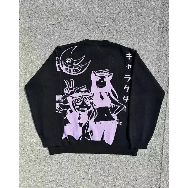 Y2k anime knitted sweater - black / m