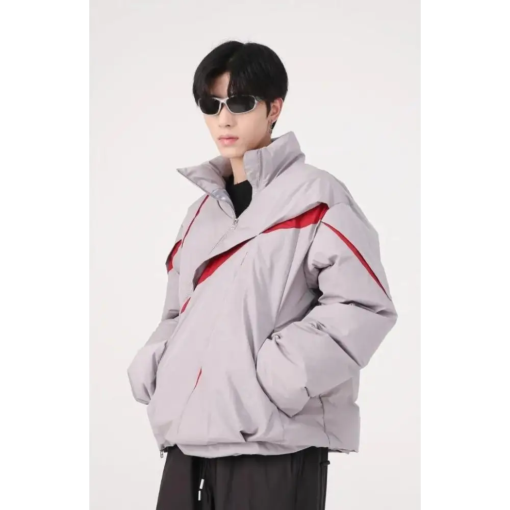 Y2k inspired bold puffer jacket with asymmetrical zipper