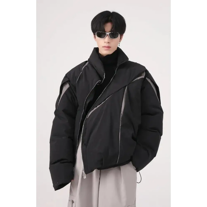 Y2k inspired bold puffer jacket with asymmetrical zipper - black / s