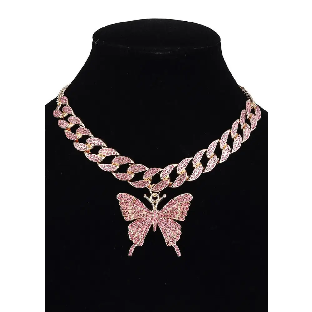 Butterfly bling chain necklace for y2k and casual outfits - pink - accessories