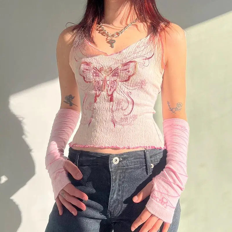 Y2k aesthetic pink butterfly print crop top with adjustable shoulder straps