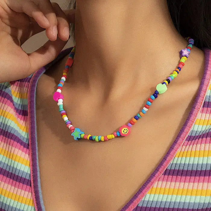 Candy beaded necklace with multicolored butterfly beads y2k design - standart / multi