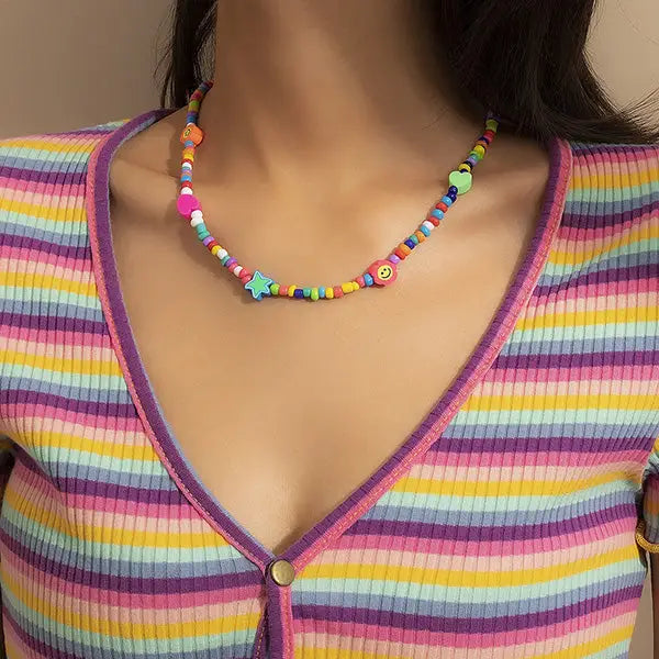 Candy beaded necklace with multicolored butterfly beads y2k design - standart / multi